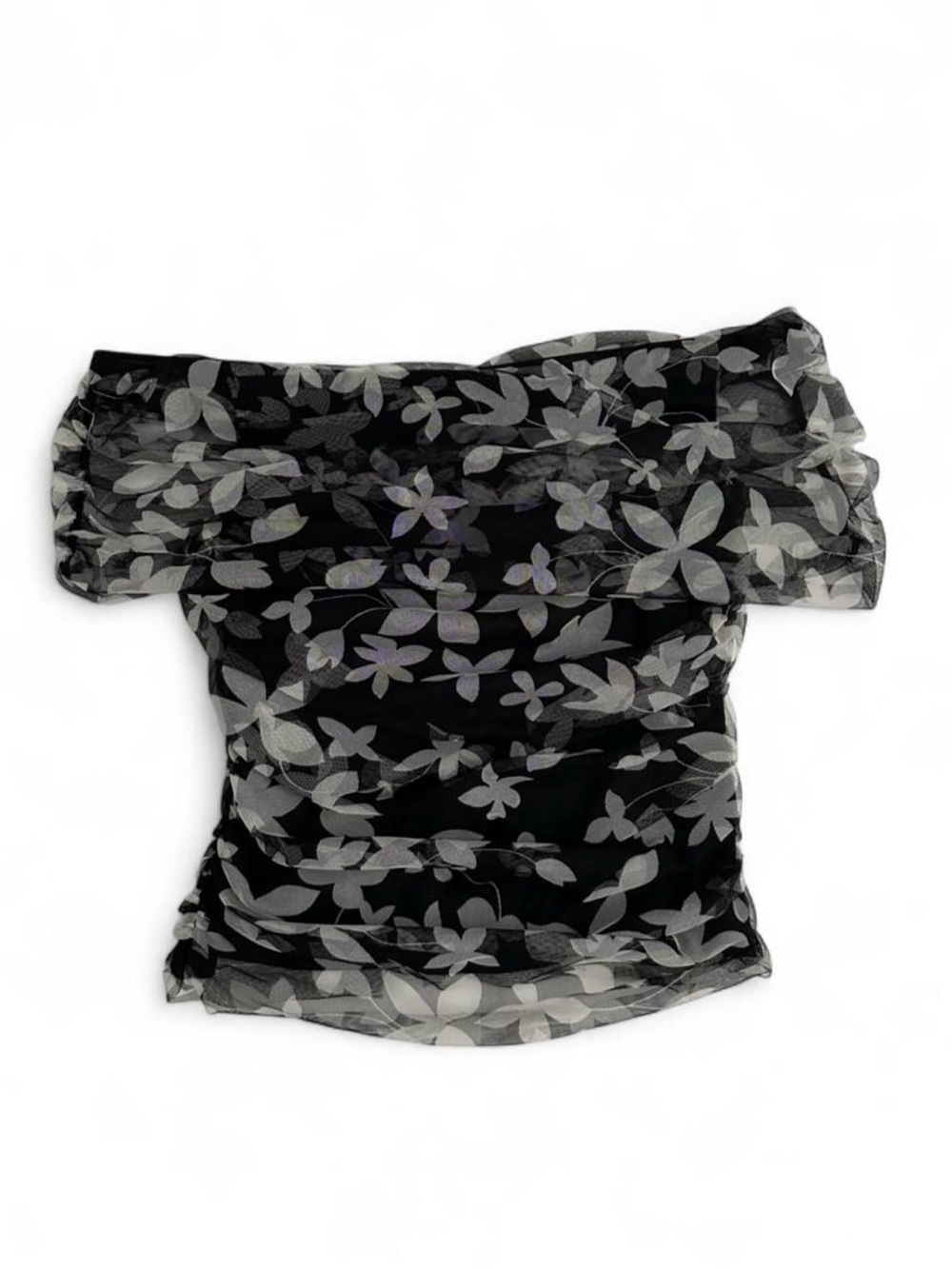 Joseph Ribkoff Vintage Black Floral Off-Shoulder Mesh Top with black lining